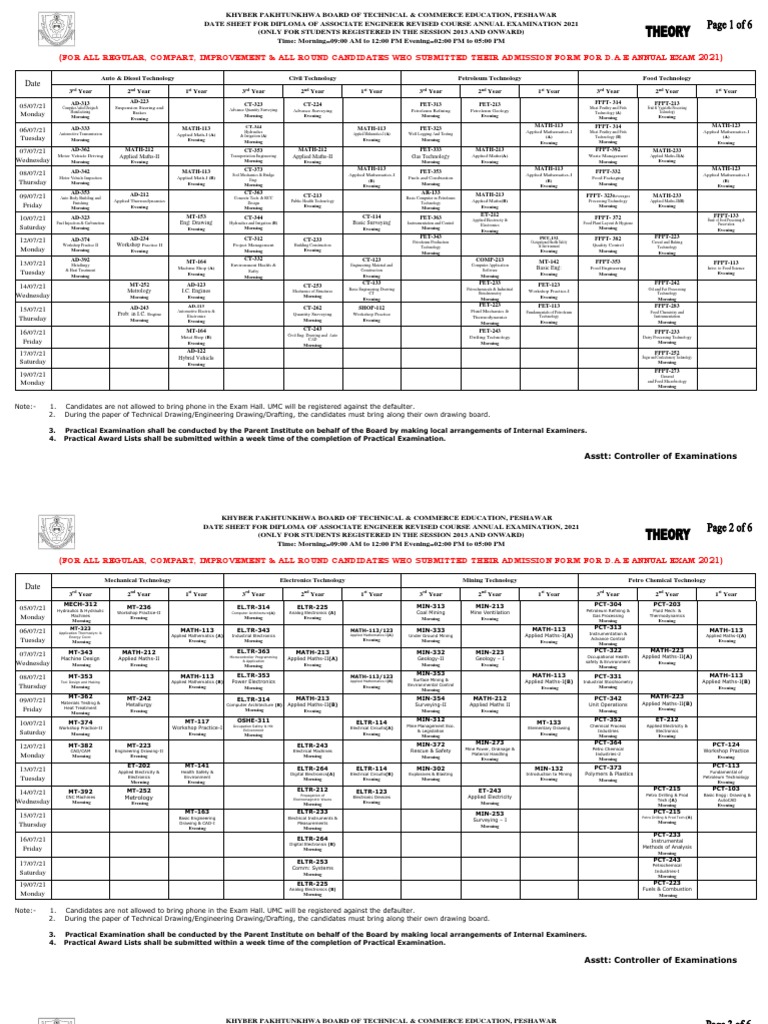 DAE Exam Date Sheet 2021 | PDF | Engineering | Electronics