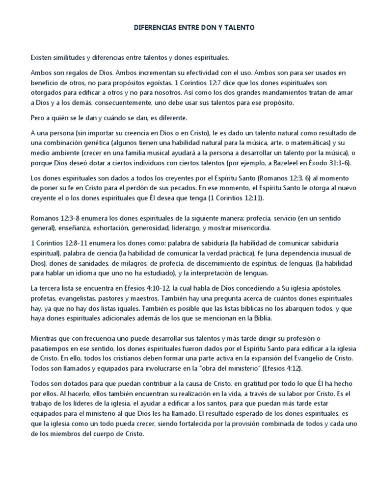 Diferencias entre Don y Talento | PDF | Iglesia cristiana | espíritu Santo