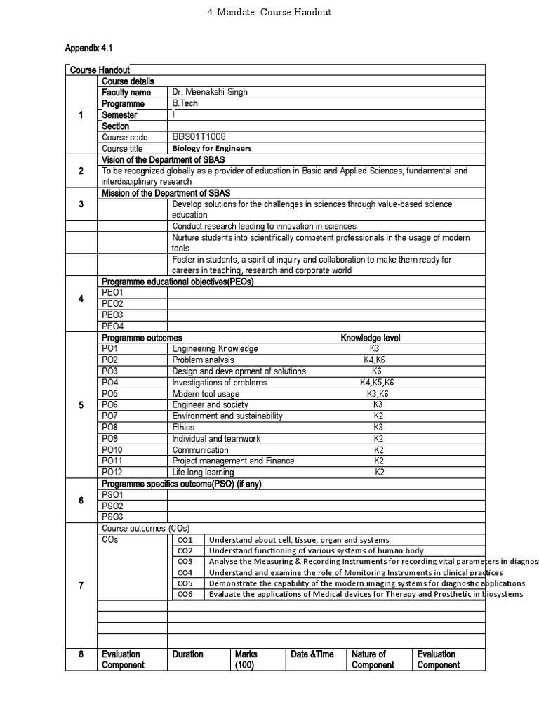 Biology For Engineers - Course Handout SEM-1 - 2020-21 | PDF ...