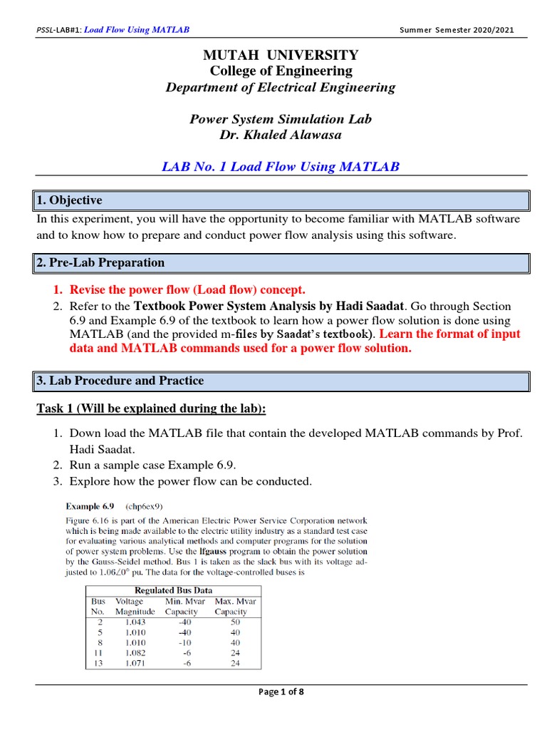 LAB No. 1 Load Flow Using MATLAB - New Version | PDF | Matlab | Applied ...