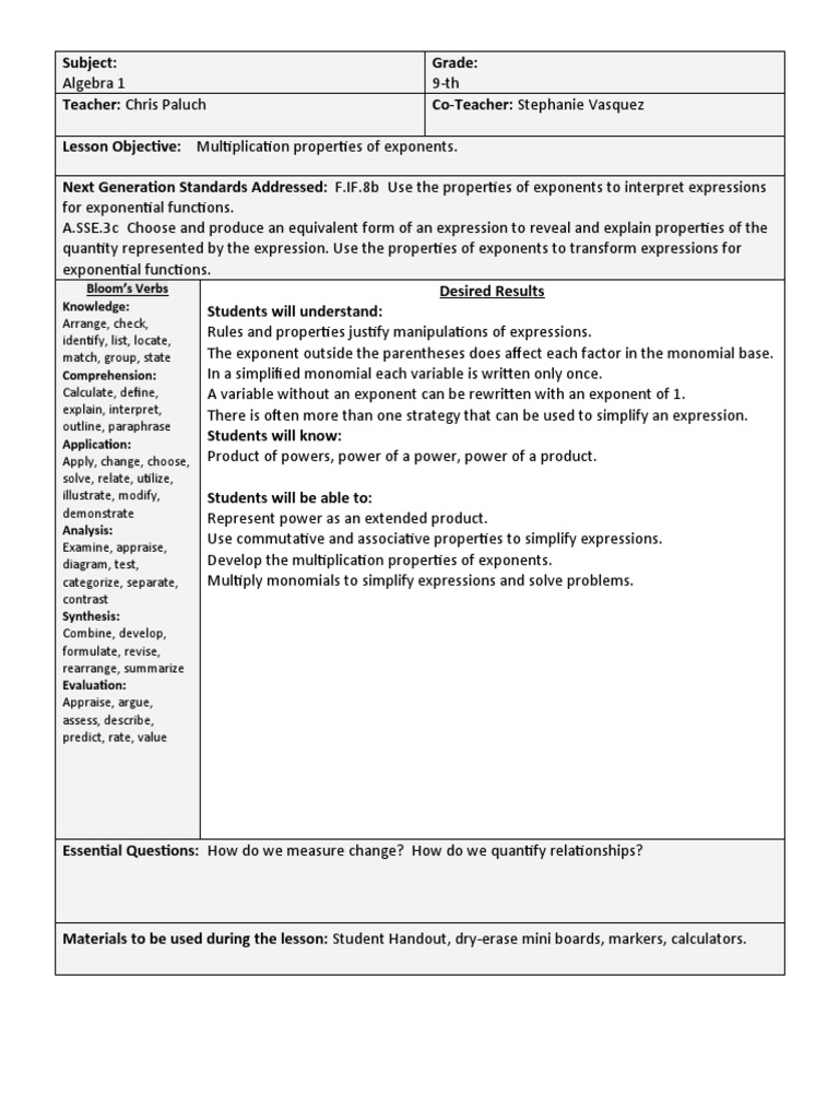 Algebra 1: Exponents Multiplication Lesson | PDF | Educational ...
