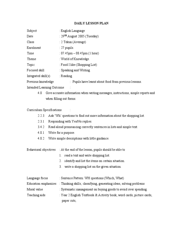 Lesson Plan Year 2 - Food I Like | PDF | Lesson Plan | English Language