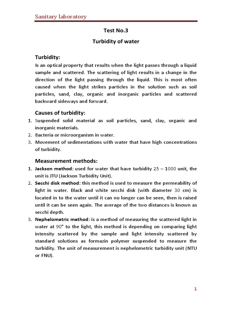 Test No.3 Turbidity of Water Turbidity Sanitary Laboratory PDF