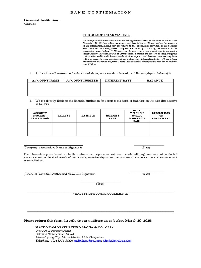 Bank Confirmation Financial Institution:: Address | Download Free PDF ...