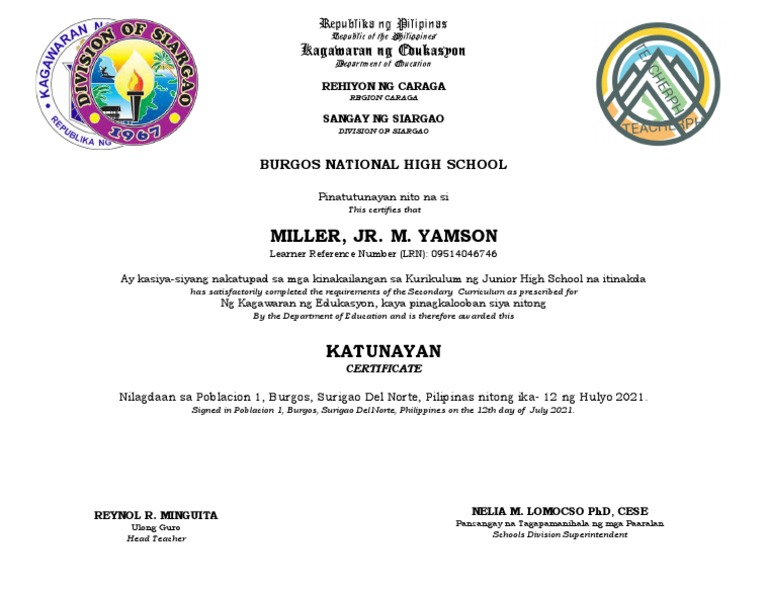 2020 Junior High School Certificate of Completion | PDF