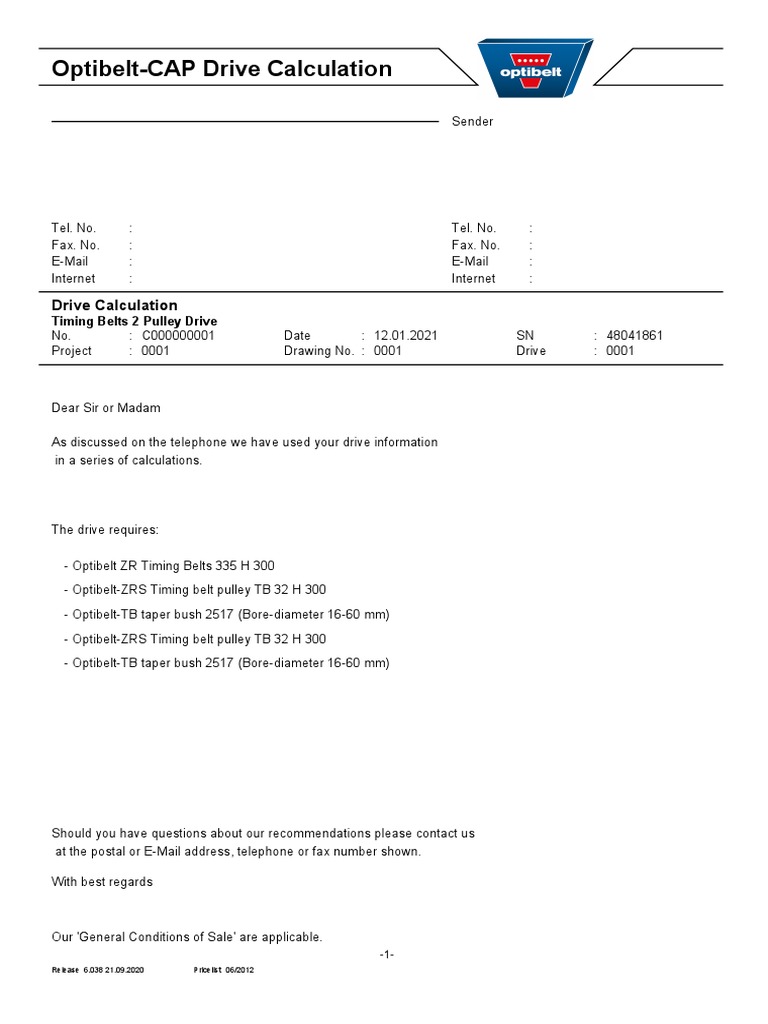 OptibeltCAP Drive Calculation PDF Belt (Mechanical) Mechanical