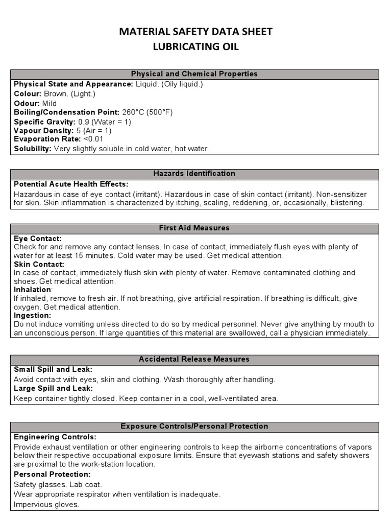 Material Safety Data Sheet Lubricating Oil PDF Personal Protective