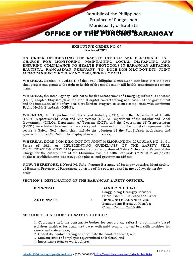 Executive Order No. 7, 2021 Safety Officer PDF Regulatory