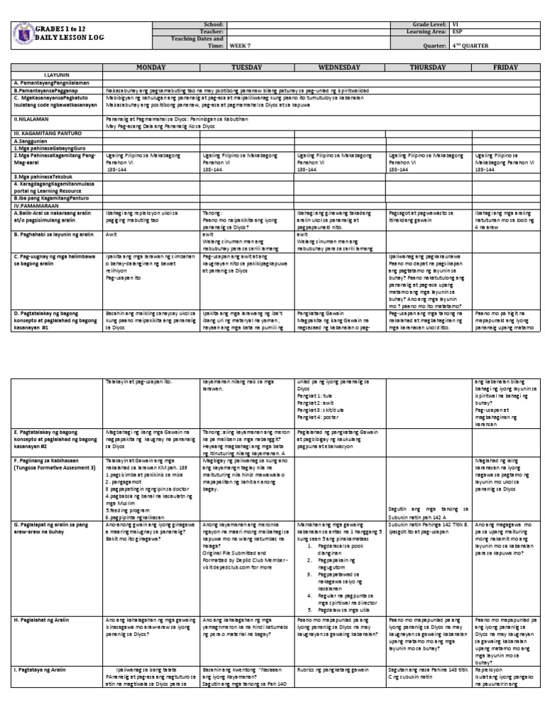 Grade 6 DLL Esp q4 Week 7 | PDF