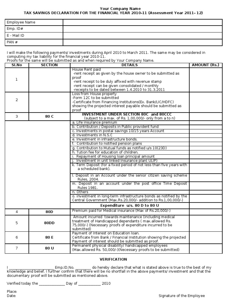 Tax Savings Declaration FY 2010-11 | PDF | Law