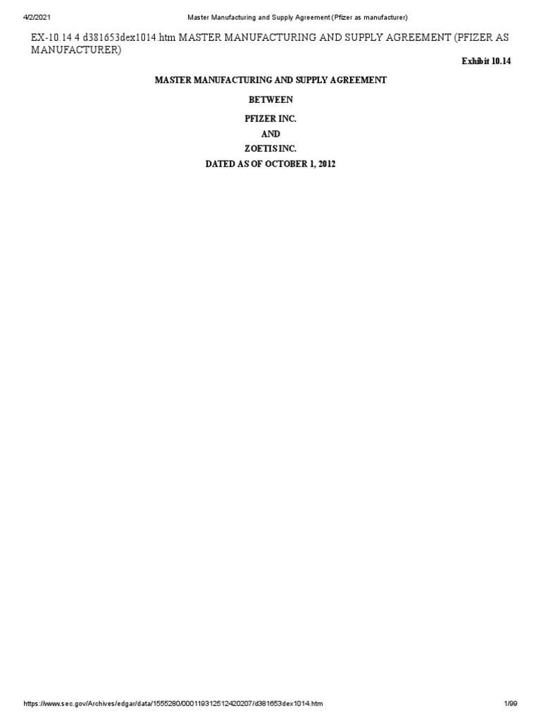 Master Manufacturing and Supply Agreement (Pfizer As Manufacturer) PDF Indemnity Insurance