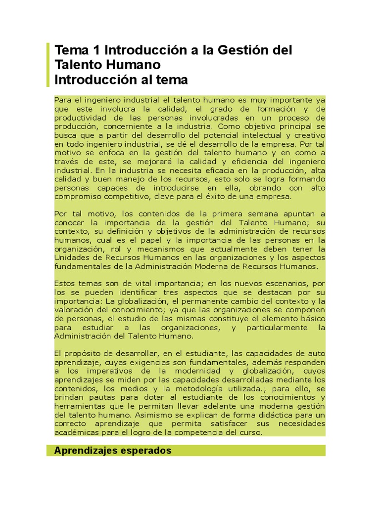 Introducción a la Gestión del Talento Humano | PDF | Gestión de ...