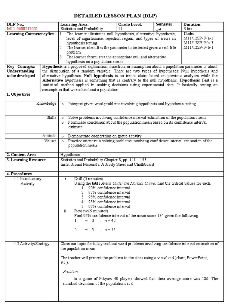Hypothesis Testing Lesson Plan for Grade 11 | PDF | Hypothesis ...