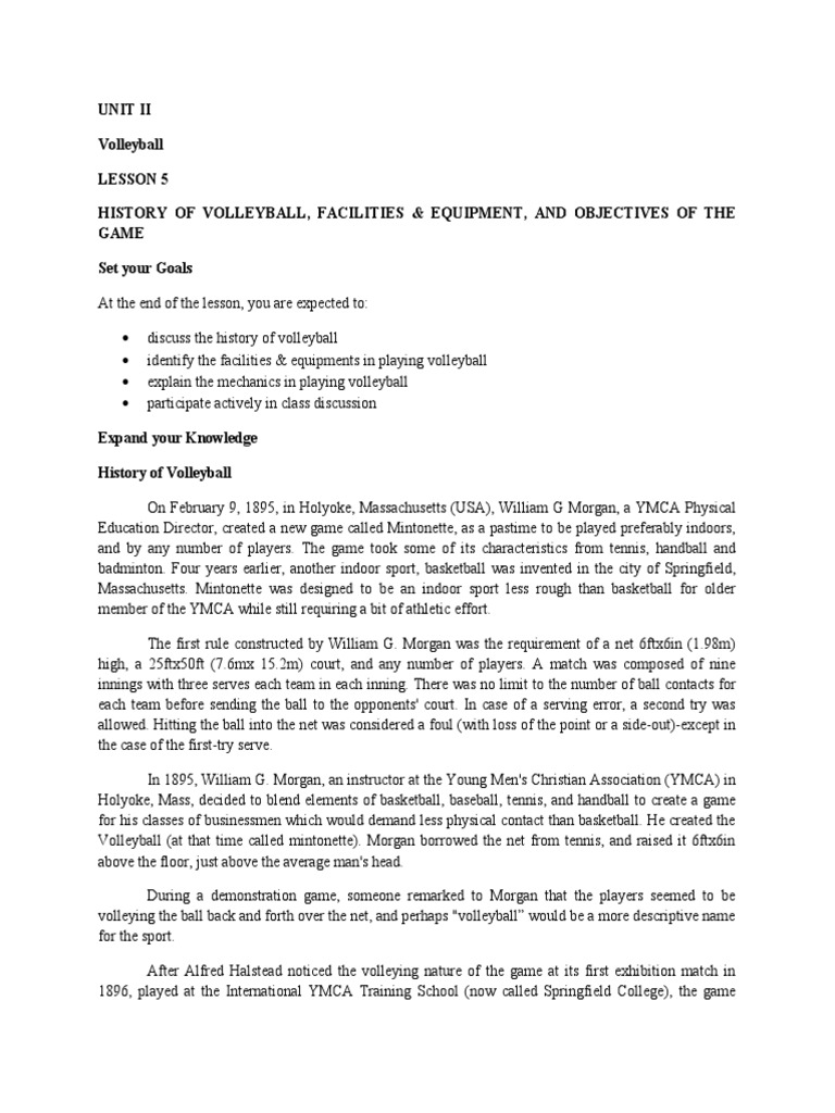 Unit Ii Volleyball Lesson 5 History of Volleyball, Facilities ...