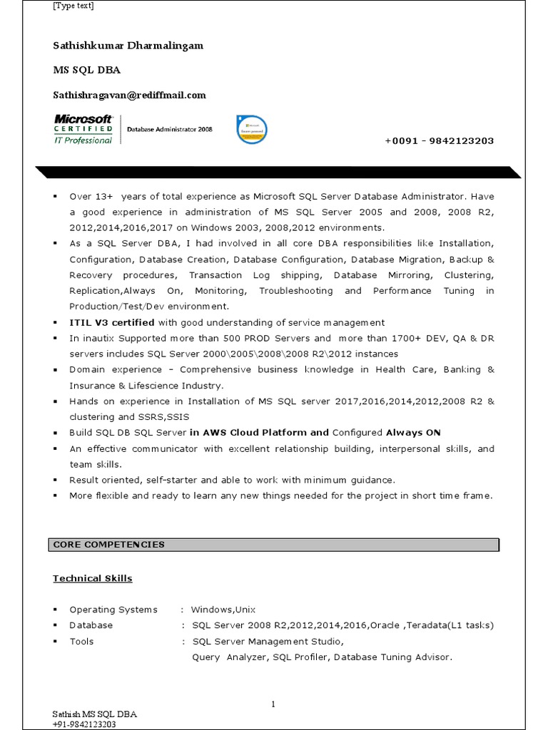 Sathish 2016certified MSSQLDBA - 13 Years Exp | PDF | Microsoft Sql ...
