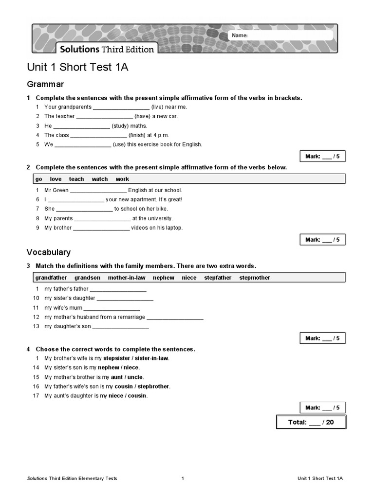 Solutions elementary Unit 7 short test worksheet
