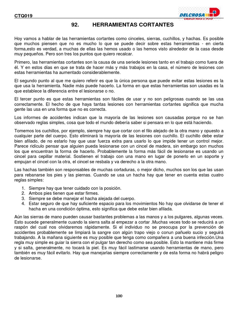 Charlas Se Seguridad De 5 Minutos Pdf Herramientas Cuchillo