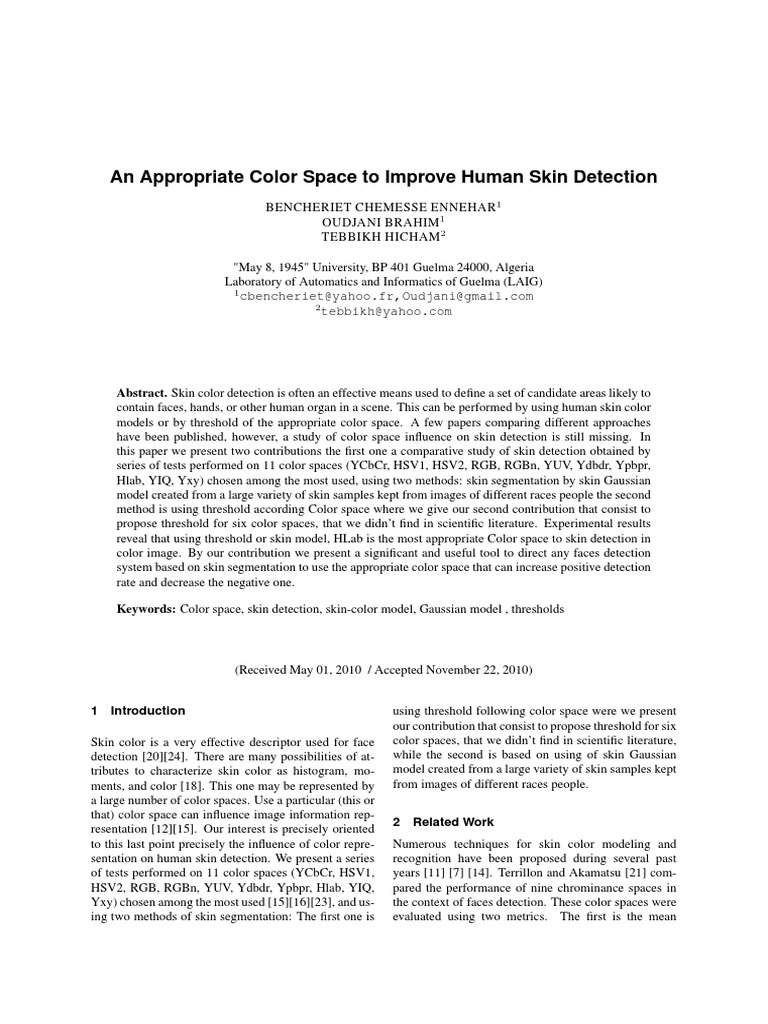 Optimal Color Spaces for Skin Detection | PDF | Rgb Color Model ...