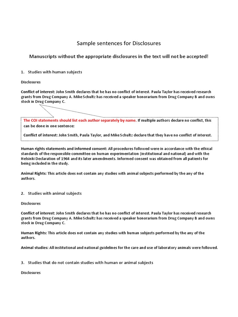 Sample Sentences For Disclosures PDF Conflict Of Interest