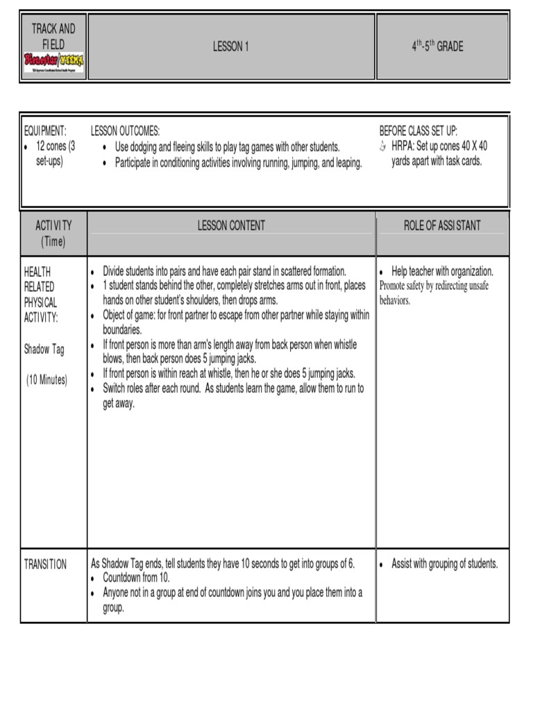 Track and Field Lesson 1 4 5 Grade TH TH PDF Running Physical