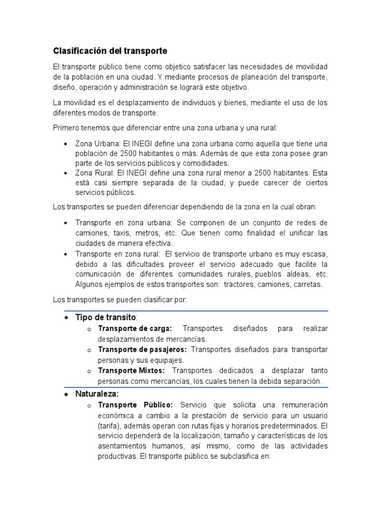 Clasificación del Transporte Urbano y Rural | PDF | Transporte público ...