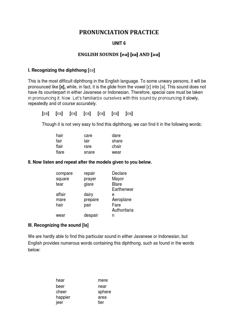 Pronouncing English Diphthongs: /eə/, /ɪə/, /ʊə/ | PDF | English ...