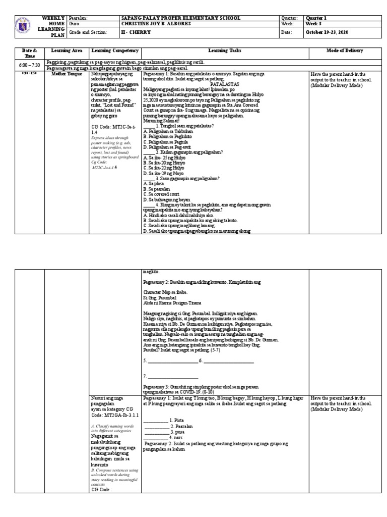 Weekly Home Learning Plan Week 3 | PDF