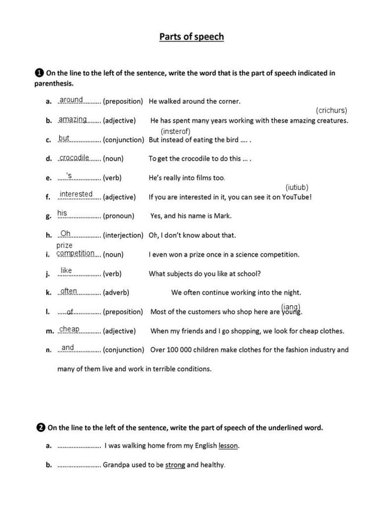 Parts of Speech Exercise PDF