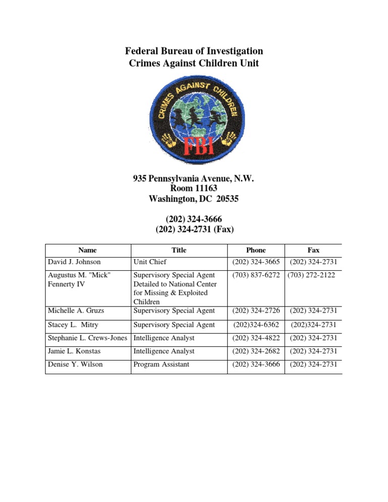 FBI Crimes Against Children Unit List