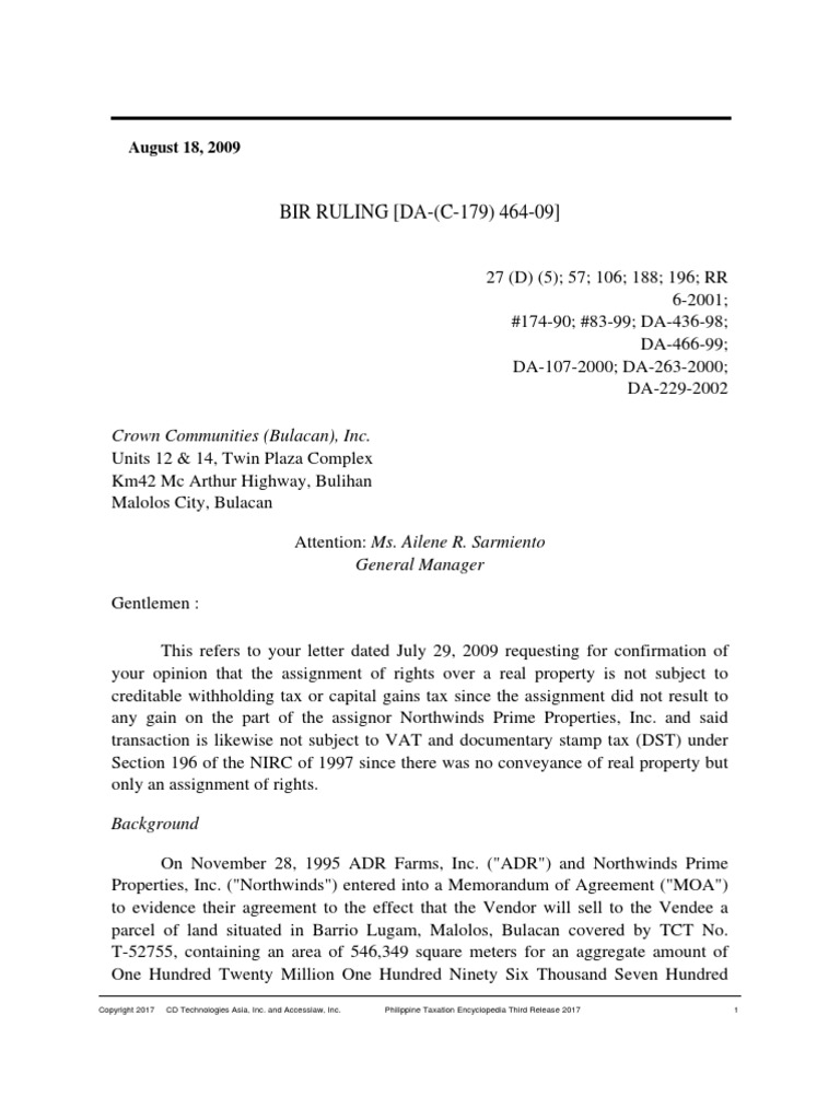 Bir Ruling (Da - (C-179) 464-09) | PDF | Assignment (Law) | Taxation In ...