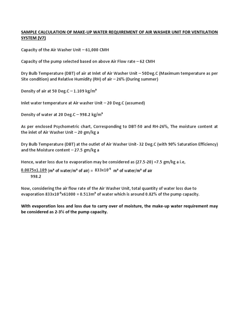 Air Washer Makeup Water Calculation PDF