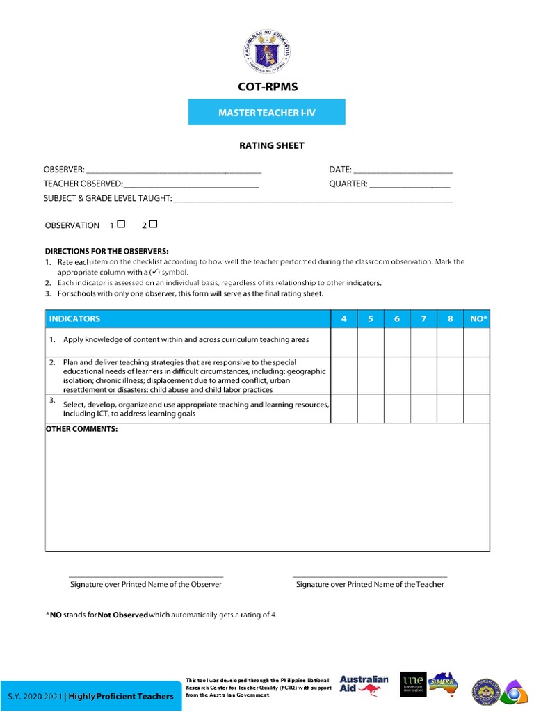 COT-RPMS Rating Sheet For MT I-IV For SY 2020-2021 in The Time of COVID ...
