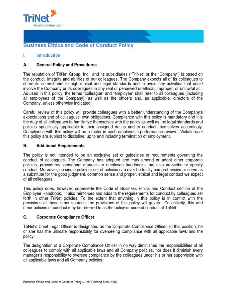 Business Ethics and Conduct Policy | PDF | Conflict Of Interest ...