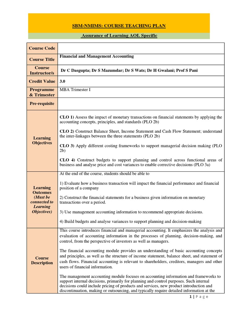 Financial & Management Accounting Course Plan | PDF | Depreciation ...