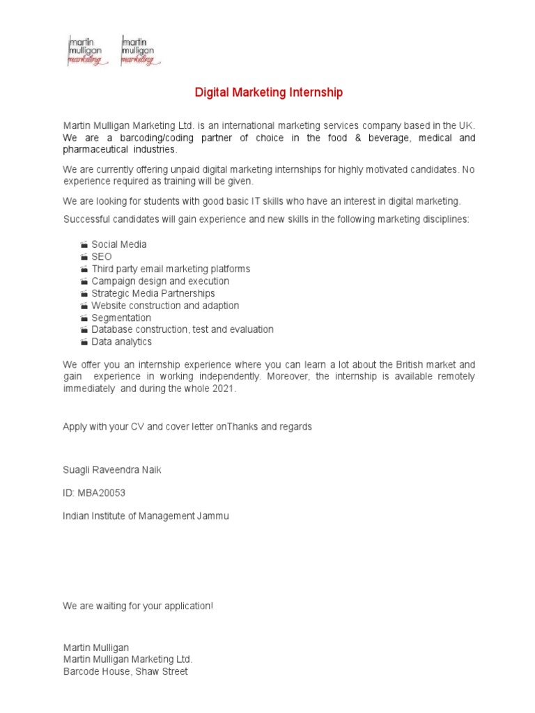Internships at Martin Mulligan Marketing | PDF | Internship | Job Hunting