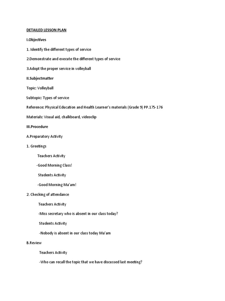 Detailed Lesson Plan I.Objectives PDF Volleyball Rubric (Academic)