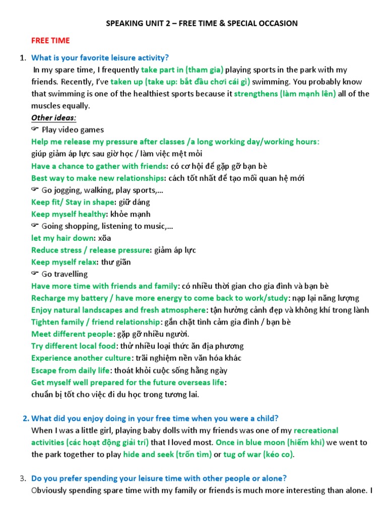 Free Time Activities and Special Occasions | PDF | Vietnam