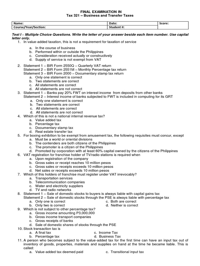 Test I Multiple Choice Questions Write The Letter Of Your Answer