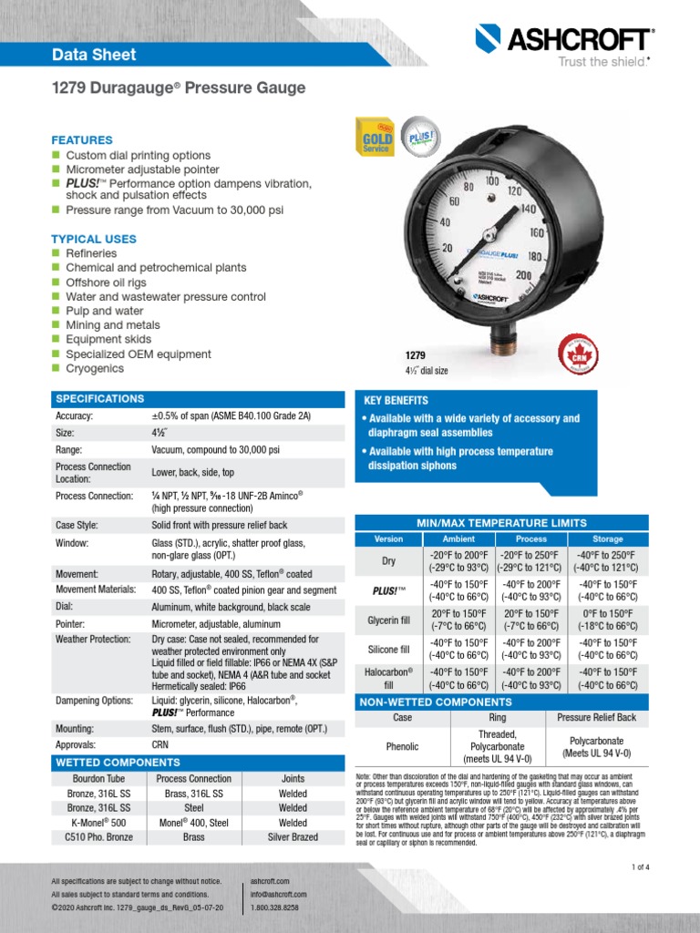 1279 Duragauge Pressure Gauge Data Sheet PDF Pressure Measurement