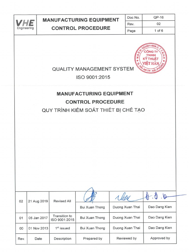13 QP16, Rev. 02 Manufacturing Equipment Control Procedure PDF