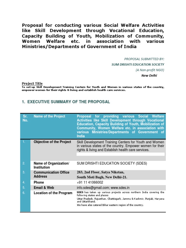 Social Welfare Proposal for Skill Development | PDF | Vocational ...