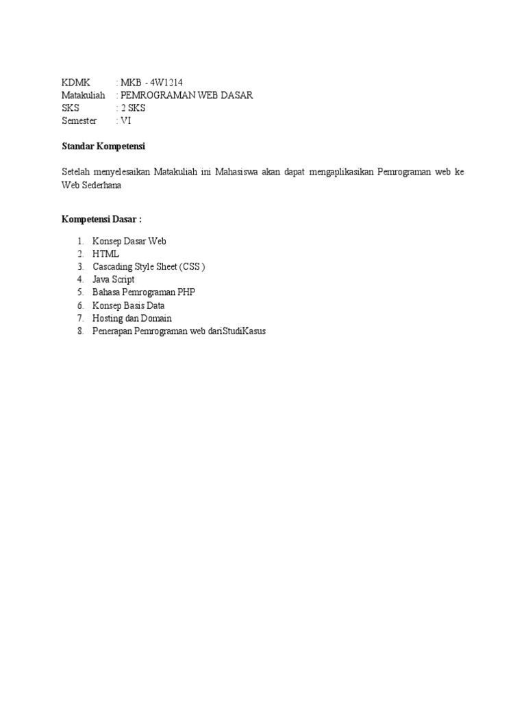 Pemrograman Web Dasar: Silabus dan Kompetensi | PDF