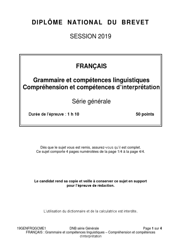 Sujet Brevet Français Poésie Avec Corrigé Brevet 2019 Grammaire | PDF | La nature