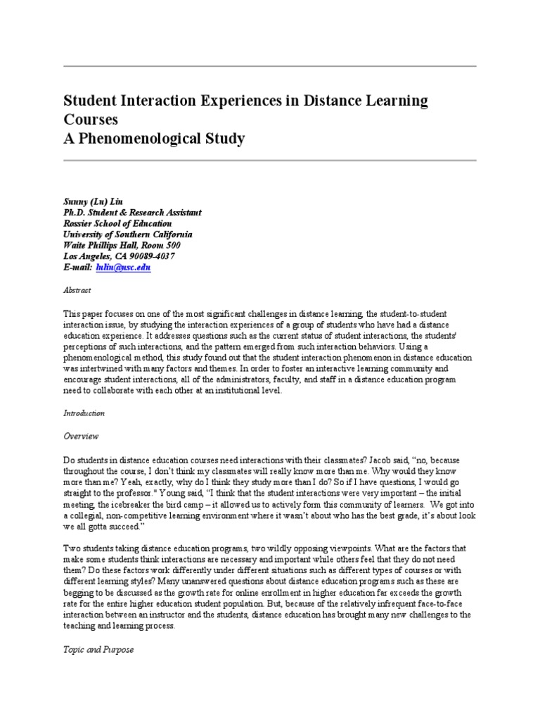 Student Interaction Experiences in Distance Learning Courses | PDF ...