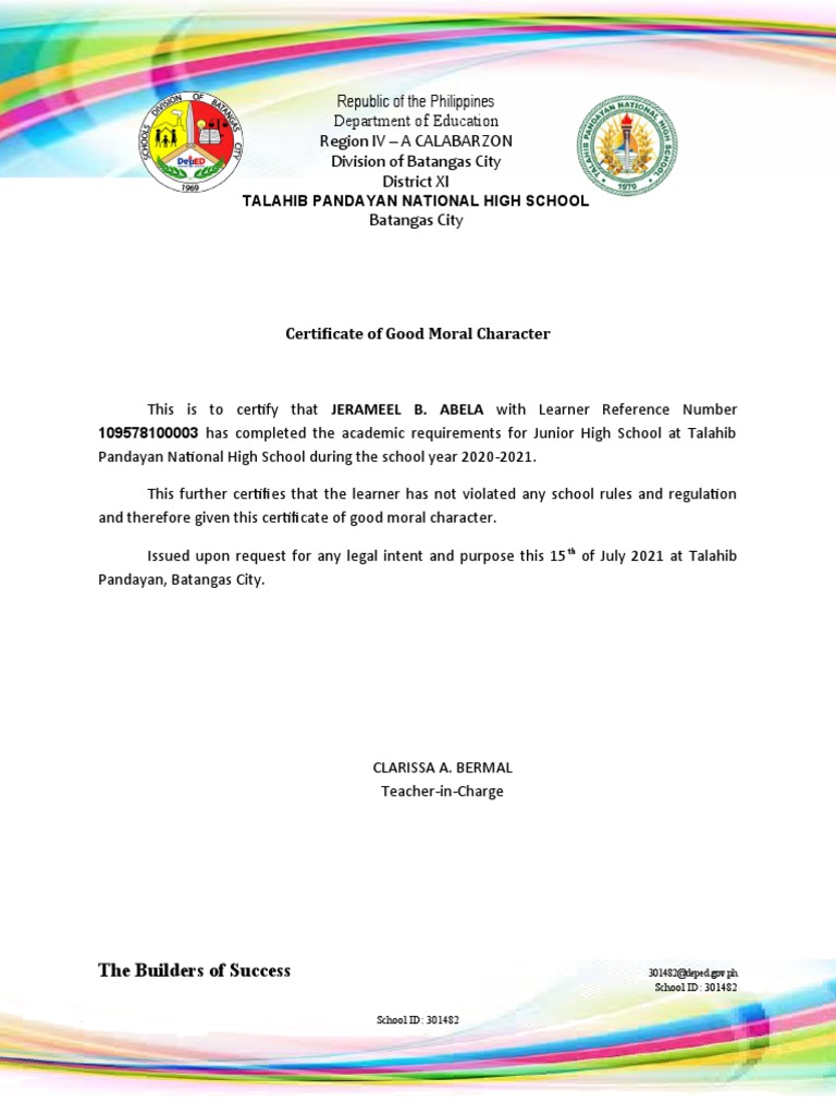 Good Moral Character Certificate Sample | PDF