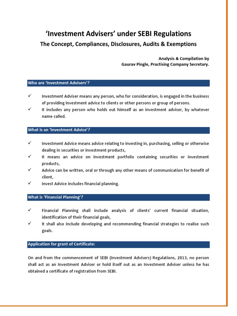 Investment Advisers' Under SEBI Regulations The Concept, Compliances