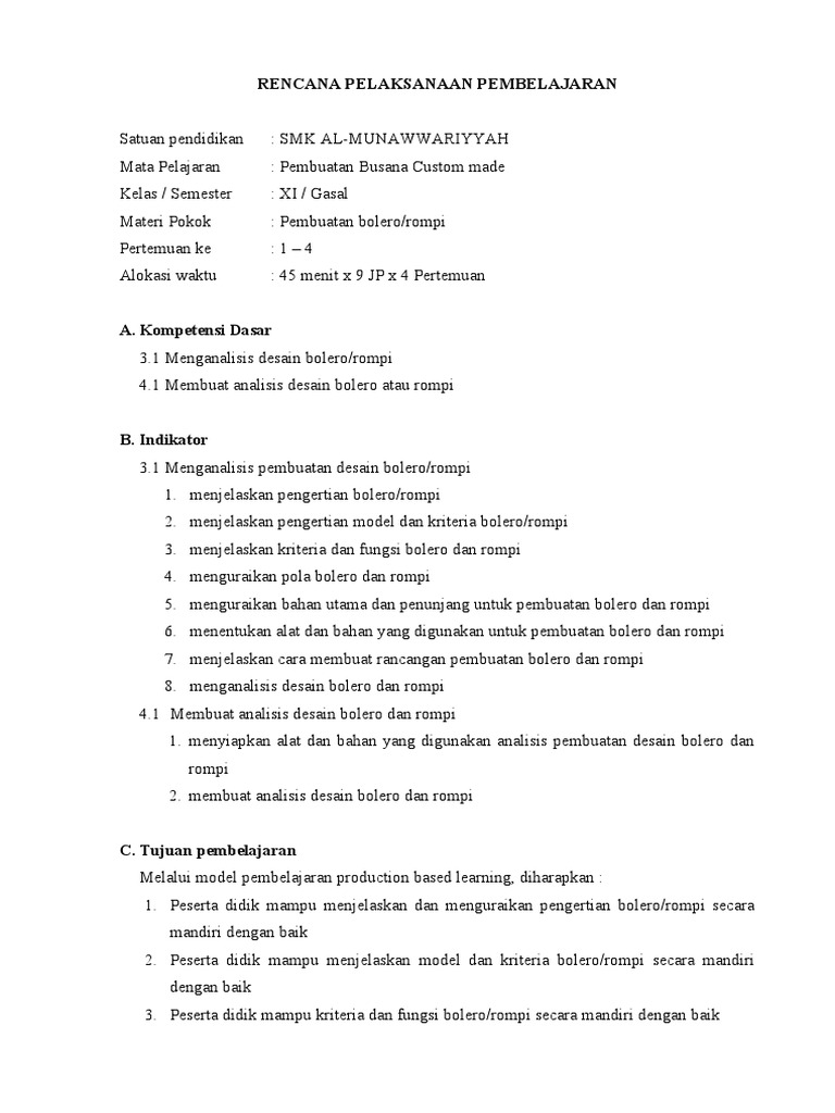 RPP Pembuatan Busana Custom Made XI Gasal | PDF