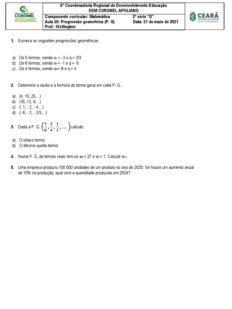 Atividade 08 (Progressão Geométrica P. G.) | PDF