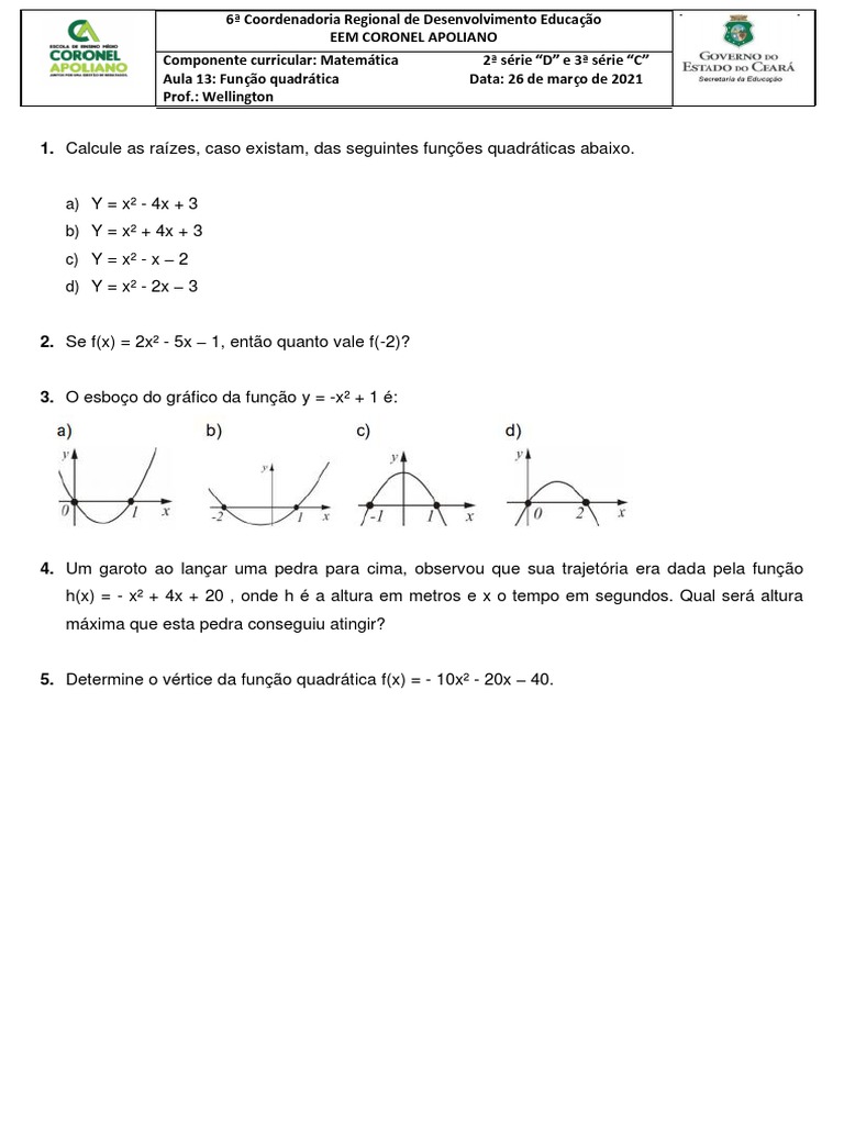Exercícios de Função Quadrática | PDF