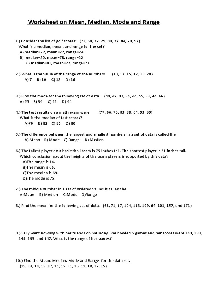Worksheet On Mean, Median, Mode and Range | PDF | Mean | Median